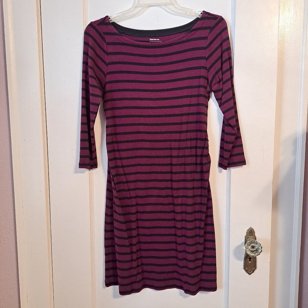 Gap Maternity Boat Neck 3/4 Sleeve Midi Dress Purple and Black Stripes Medium